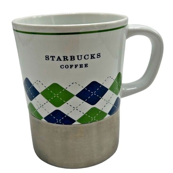 Starbucks 2006 White Green Blue Argyle Coffee Cup Mug Stainless Steel Base 14 Oz - Picture 1 of 9